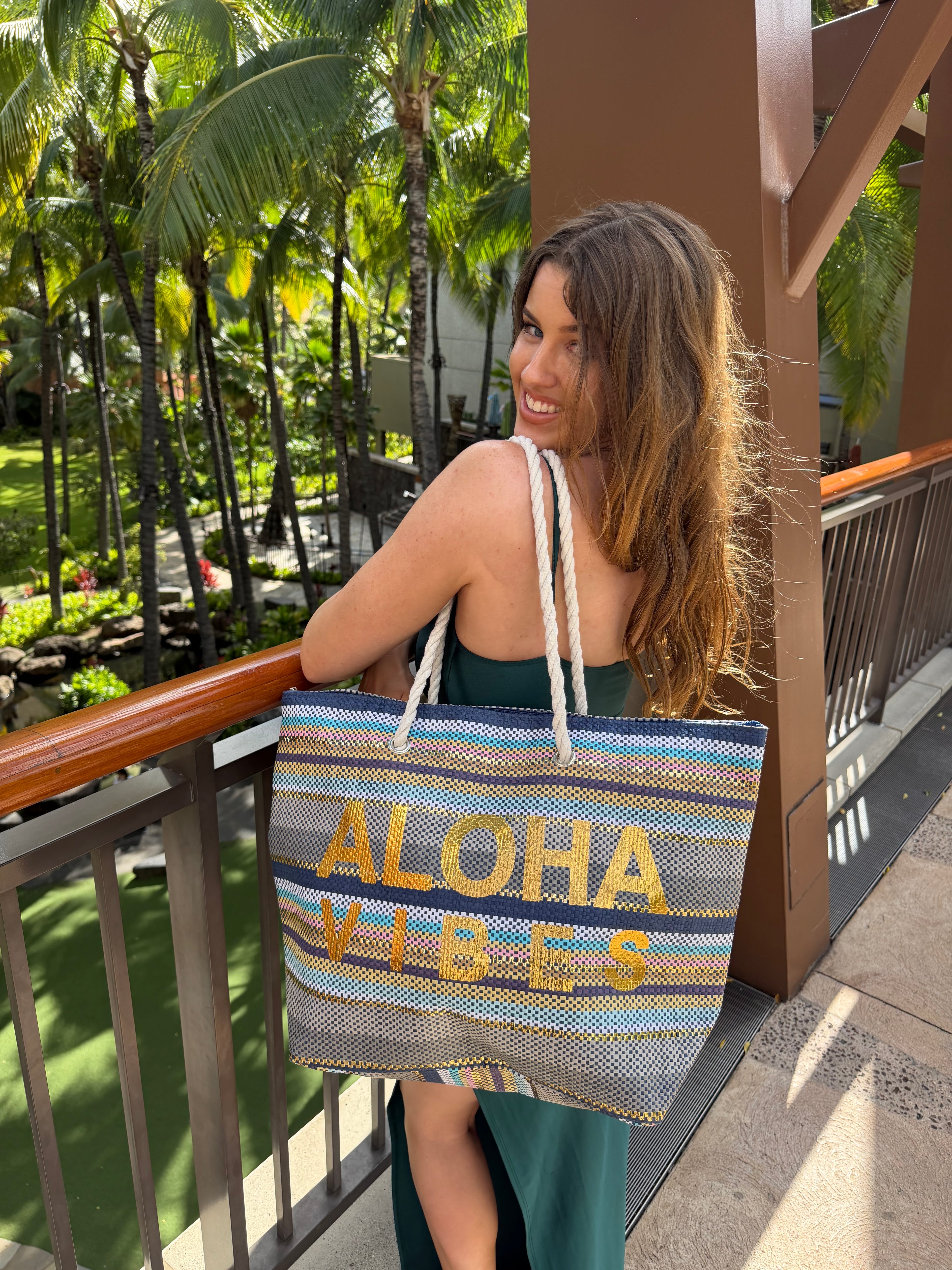Aloha Vibes Hawai’i Blue Stripe Tote Bag