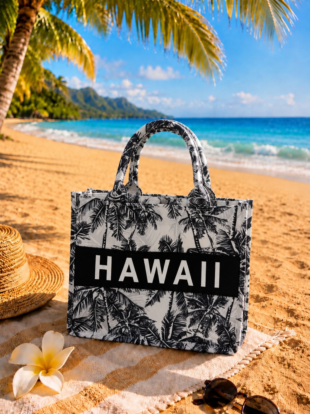 Hawaii Palm Banner Handbag – Black & White