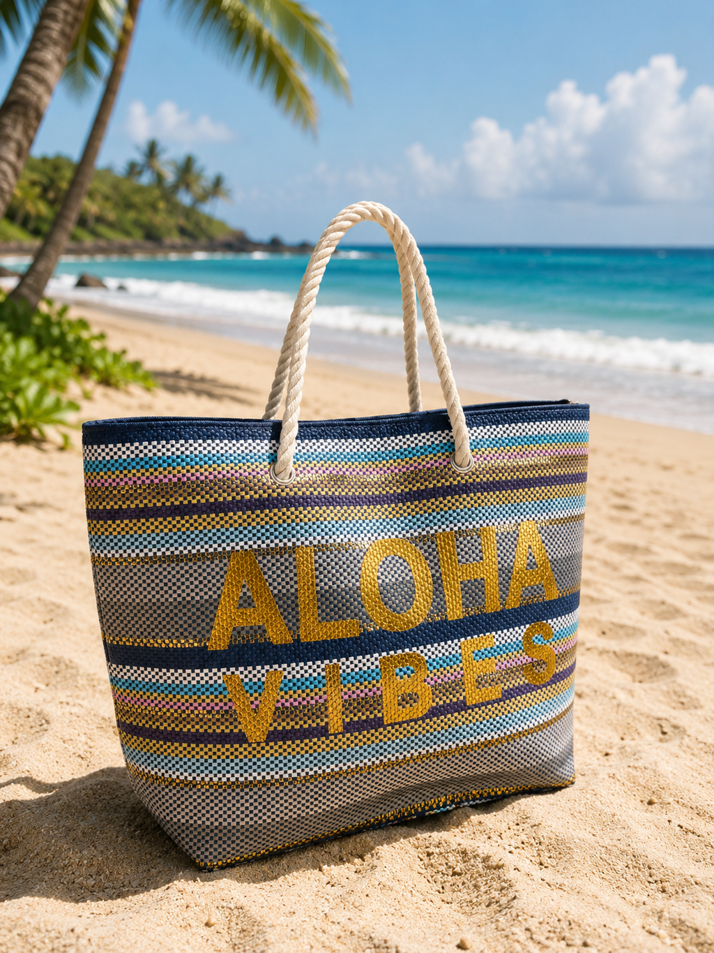 Aloha Vibes Hawai’i Blue Stripe Tote Bag